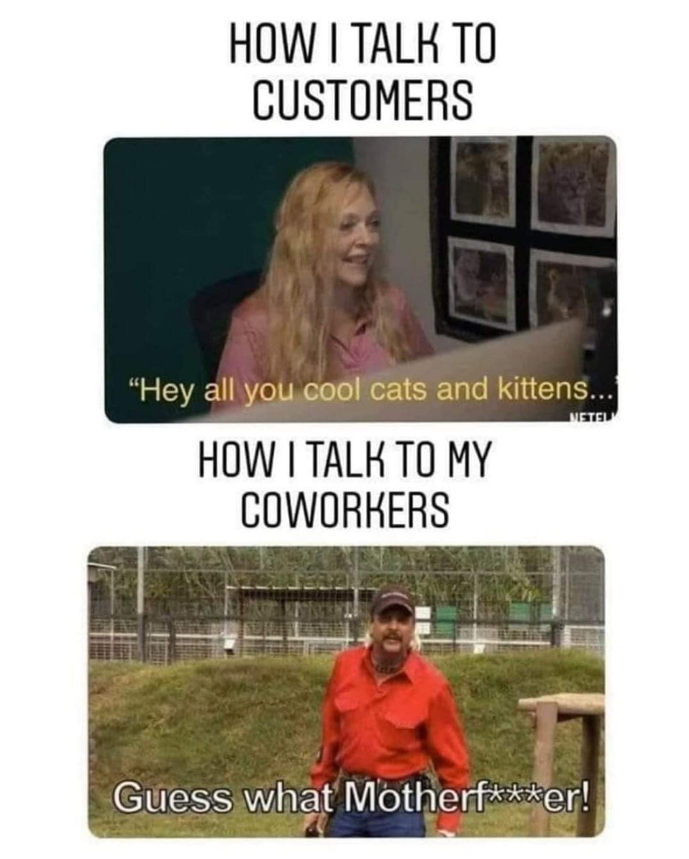 This meme compares the way a customer service representative might speak to a customer (e.g. "How may I help you?") to how they might speak to a coworker (e.g. "What's up, dude?"). The top image shows a polite customer service representative, while the bottom image shows a more casual and sarcastic coworker.